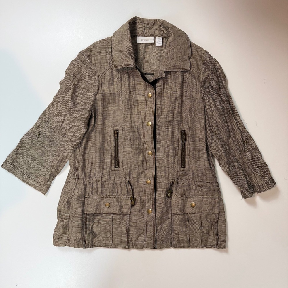 Chicos Brown Striped Linen Blend Utility Jacket Snap Front Drawstring Size 0 S